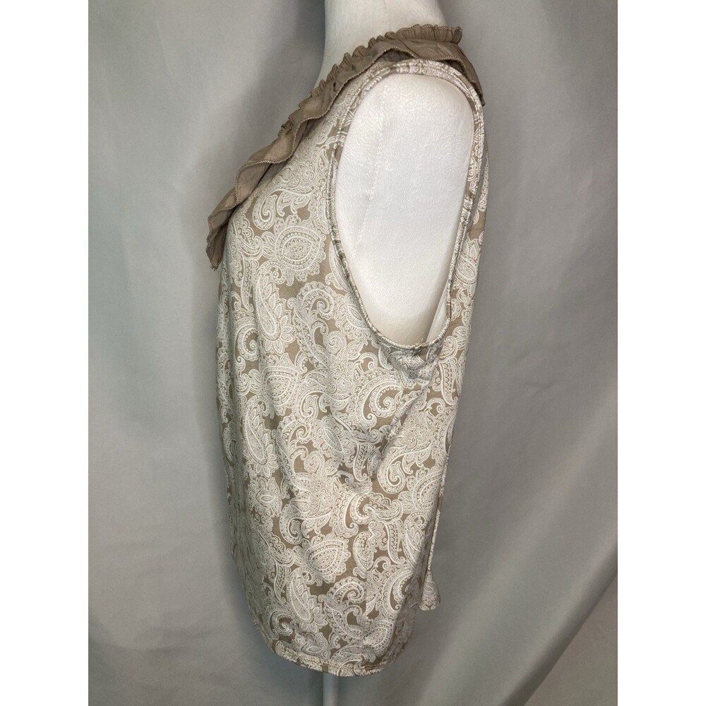 Womens L Sleeveless Tunic Beige Ruffle V-Neck Paisley Blouse Top Granny Cottage - Picture 5 of 9